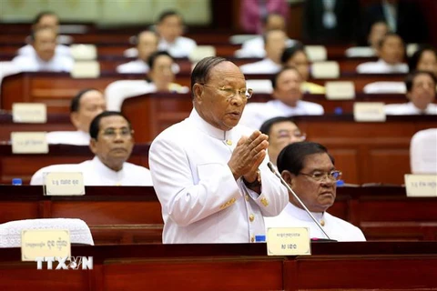 Ông Samdech Heng Samrin phát biểu tại lễ khai mạc một phiên họp Quốc hội ở Phnom Penh. (Nguồn: AFP/ TTXVN)