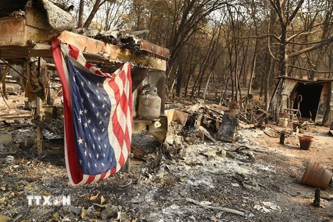 Nhiều ngôi nhà bị thiêu rụi trong vụ cháy rừng tại Paradise, California, Mỹ. (Nguồn: AFP/TTXVN) 