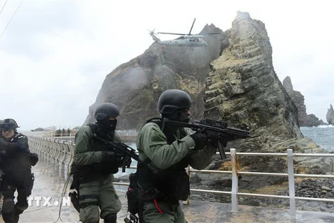Hải quân Hàn Quốc tham gia một cuộc tập trận bảo vệ quần đảo tranh chấp Dokdo mà Nhật Bản. (Nguồn: AFP/TTXVN) 
