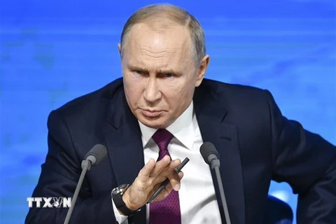 Tổng thống Nga Vladimir Putin tại cuộc họp báo cuối năm thường niên 2018 ở Moskva, ngày 20/12/2018. (Nguồn: AFP/TTXVN) 