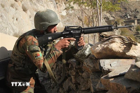 Lực lượng an ninh Afghanistan trong chiến dịch truy quét IS tại khu vực Nazyan, tỉnh Nangarhar. (Nguồn: THX/TTXVN) 