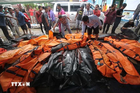 Nhân viên cứu hộ chuyển thi thể nạn nhân vụ sóng thần ở Carita, Indonesia ngày 23/12/2018. (Nguồn: AFP/TTXVN) 