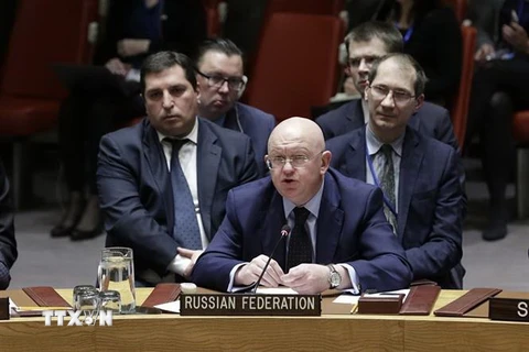 Đại sứ Nga tại Liên hợp quốc Vassily Nebenzia trong một phiên họp của Hội đồng Bảo an Liên hợp quốc ở New York, Mỹ. (Nguồn: AFP/TTXVN) 