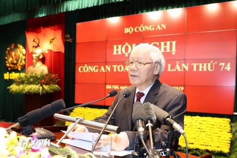 Tổng Bí thư, Chủ tịch nước Nguyễn Phú Trọng phát biểu tại Hội nghị Công an toàn quốc lần thứ 74. (Ảnh: Trí Dũng/TTXVN) 