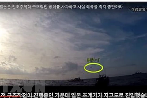 Tàu khu trục Gwanggaeto the Great (phía trên) của Hàn Quốc thực hiện nhiệm vụ cứu hộ một tàu Triều Tiên trôi dạt trên Biển Nhật Bản, ngày 20/12/2018. (Ảnh: Yonhap/TTXV