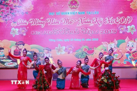 Tiết mục múa tập thể ca ngợi tình đoàn kết Việt Nam-Lào. (Ảnh: Xuân Tú/TTXVN) 