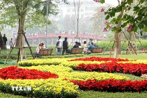 Hồ Hoàn Kiếm đã được trang trí hoa tươi rực rỡ đón chào Tết Kỷ Hợi. (Ảnh: Khánh Hòa/TTXVN) 