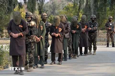 Lực lượng an ninh Afghanistan áp giải các tay súng tình nghi Taliban tại Jalalabad ngày 23/1/2019. (Nguồn: AFP/TTXVN) 