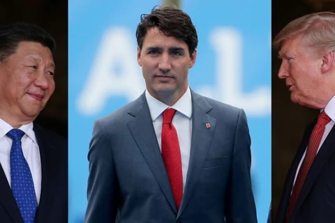Tổng thống Mỹ Donald Trump (phải), Chủ tịch Trung Quốc Tập Cận Bình (trái) và Thủ tướng Canada Justin Trudeau (giữa). (Nguồn: Yahoo Finance) 