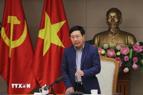 Phó Thủ tướng, Bộ trưởng Bộ Ngoại giao Phạm Bình Minh phát biểu chỉ đạo các đơn vị phối hợp chuẩn bị tổ chức Hội nghị Thượng đỉnh Mỹ-Triều Tiên lần 2. (Ảnh: Lâm Khánh/TTXVN) 