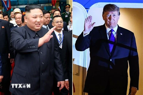Tổng thống Mỹ Donald Trump (phải) và Chủ tịch Triều Tiên Kim Jong-un (trái) tới Việt Nam để dự Hội nghị thượng đỉnh Mỹ- Triều lần hai, ngày 26/2/2019. (Nguồn: Yonhap/TTXVN) 