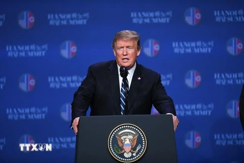 Tổng thống Mỹ Donald Trump trong cuộc họp báo sau Hội nghị thượng đỉnh Mỹ-Triều lần hai tại Hà Nội ngày 28/2/2019. (Nguồn: AFP/TTXVN) 