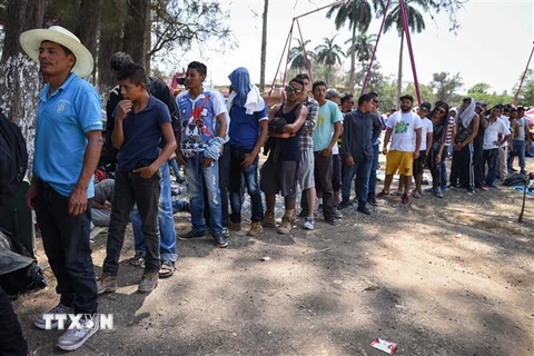 Người di cư thuộc các quốc gia vùng Trung Mỹ chờ nhận lương thực cứu trợ tại Matias Romero, bang Oaxaca, Mexico ngày 2/4/2018. (Nguồn: AFP/TTXVN) 