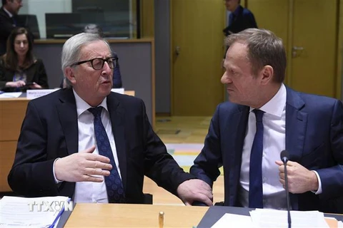 Chủ tịch Ủy ban châu Âu Jean-Claude Juncker (trái) và Chủ tịch Hội đồng châu Âu Donald Tusk tại hội nghị của EU ở Brussels, Bỉ ngày 20/3/2019. (Nguồn: AFP/TTXVN) 