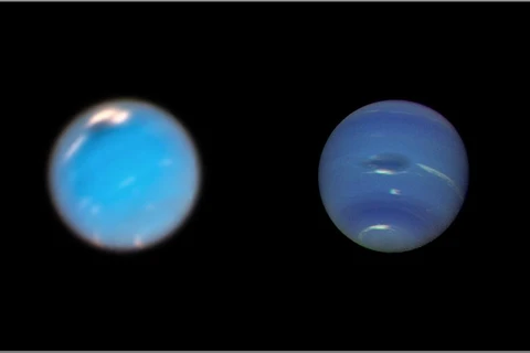 Ở bên phải, có thể thấy hình ảnh trên tàu Vũ trụ voyager 2 về khởi nguồn cơn bão Great Dark Spot. Ở bên trái, nếu xem bằng kính viễn vọng Hubble, một cơn bão mới được hình thành tại vị trí trên cùng của bức ảnh kèm theo một vài đám mây trắng sáng. (Nguồn: