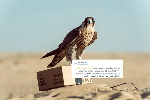 Hãng bán lẻ thời trang Namshi có trụ sở tại Dubai thông báo sẽ sớm cung cấp dịch vụ chuyển phát nhanh bằng chim ưng. (Nguồn: stepfeed.com) 