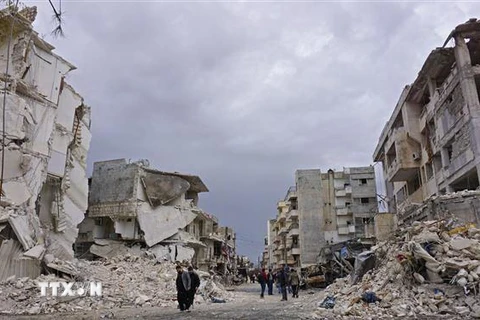 Cảnh đổ nát sau một cuộc không kích tại Idlib, Syria, ngày 14/3/2019. (Nguồn: AFP/TTXVN) 