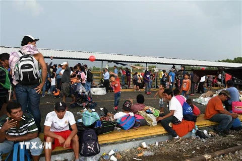Người di cư trong hành trình đến Mỹ chờ đợi để đi qua khu vực biên giới từ Ciudad Tecun Uman, Guatemala, tới Ciudad Hidalgo, Mexico, ngày 21/10/2018. (Nguồn: AFP/TTXVN) 