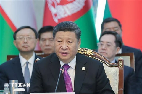 Chủ tịch Trung Quốc Tập Cận Bình phát biểu tại Hội nghị Tổ chức Hợp tác Thượng Hải ở Bishkek, Kyrgyzstan, ngày 14/6. (Nguồn: THX/TTXVN) 