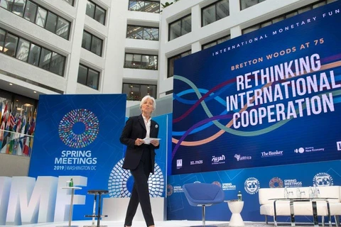 Bức ảnh này được chụp vào ngày 10/4/2019 khi Tổng Giám đốc IMF Christine Lagarde đang phát biểu tại Hội nghị mùa Xuân IMF và WB 2019. (Nguồn: AFP) 