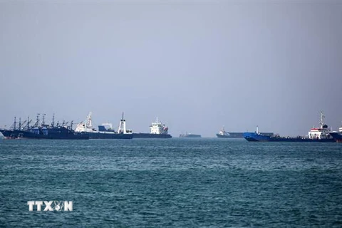 Tàu chở hàng tại khu vực vùng Vịnh, ngoài khơi thành phố cảng Bandar Abbas của Iran ngày 29/4/2019. (Nguồn: AFP/TTXVN) 