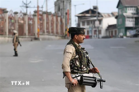 Lực lượng an ninh gác tại một tuyến phố trong thời gian giới nghiêm ở Srinagar ngày 6/8/2019. (Nguồn: AFP/TTXVN) 