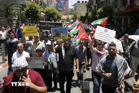Người dân Palestine biểu tình phản đối hoạch hòa bình Trung Đông của Mỹ tại thành phố Ramallah, Bờ Tây ngày 25/6/2019. (Nguồn: AFP/TTXVN) 