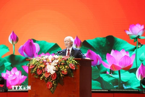 Tổng Bí thư, Chủ tịch nước Nguyễn Phú Trọng đọc diễn văn kỷ niệm 50 năm thực hiện Di chúc Chủ tịch Hồ Chí Minh (1969-2019) và kỷ niệm 50 năm Ngày mất của Người (2/9/1969-2/9/2019). (Ảnh: Trí Dũng/TTXVN) 