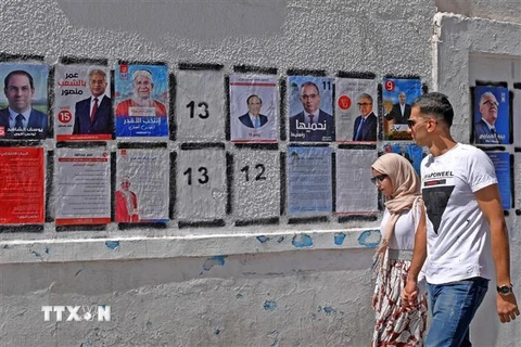 Ápphích in chân dung các ứng cử viên Tổng thống được dán trên một bức tường tại thủ đô Tunis, Tunisia ngày 7/9/2019. (Nguồn: AFP/TTXVN) 