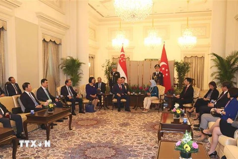 Phó Thủ tướng Thường trực Trương Hòa Bình và Tổng thống Singapore Halimah Yacob trong buổi chào xã giao. (Ảnh: Xuân Vịnh/TTXVN) 