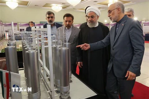 Người đứng đầu Tổ chức Năng lượng nguyên tử Iran (AEOI) Ali Akbar Salehi (phải) báo cáo với Tổng thống Iran Hassan Rouhani (thứ 2, trái) thăm quan một triển lãm nhân Ngày công nghệ hạt nhân ở Tehran. (Nguồn: AFP/TTXVN) 