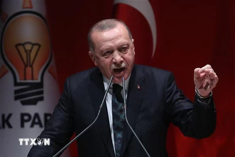 Tổng thống Thổ Nhĩ Kỳ Tayyip Erdogan phát biểu tại cuộc họp ở Ankara ngày 10/10/2019. (Nguồn: AFP/TTXVN) 