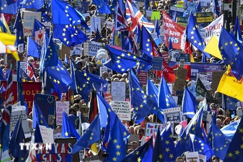 Hàng chục nghìn người tuần hành ở London đòi tổ chức cuộc trưng cầu dân ý mới. (Nguồn: AFP/TTXVN) 