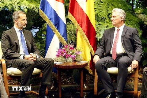 Chủ tịch Cuba Miguel Díaz-Canel và hội đàm với Nhà vua Tây Ban Nha Felipe VI. (Ảnh: Lê Hà/TTXVN) 