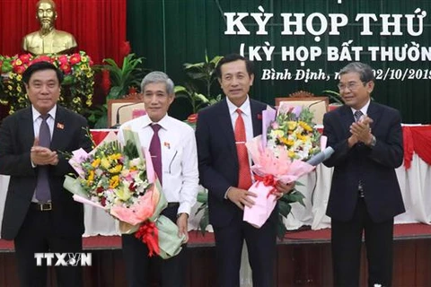 Ông Đoàn Văn Phi (thứ 2 từ phải qua) được bầu giữ chức Phó Chủ tịch Hội đồng nhân dân tỉnh Bình Định khóa XII. (Ảnh: Phạm Kha/TTXVN) 