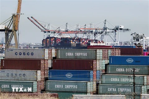 Hàng hóa từ Trung Quốc và các nước châu Á khác chờ bốc dỡ tại Cảng Los Angeles, bang California, Mỹ. (Nguồn: AFP/TTXVN) 