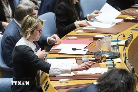 Đại sứ Mỹ tại Liên hợp quốc Kelly Craft (thứ nhất, trái) chủ trì phiên họp của Hội đồng Bảo an Liên hợp quốc tại New York, ngày 11/12/2019. (Nguồn: AFP/TTXVN) 