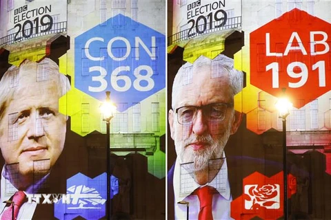 Kết quả thăm dò sau bỏ phiếu tổng tuyển cử Anh được công bố bên ngoài tòa nhà BBC ở London, ngày 12/12/2019. (Nguồn: AFP/TTXVN) 