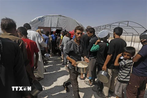 Người tị nạn Syria xếp hàng nhận thức ăn cứu trợ tại một trại tạm ở Ras al-Ain, giáp giới với Thổ Nhĩ Kỳ. (Nguồn: AFP/TTXVN) 