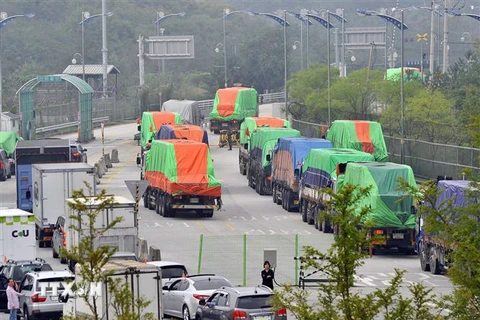 Xe tải chở thực phẩm viện trợ cho Triều Tiên qua cửa khẩu Paju, phía Bắc Seoul, Hàn Quốc. (Nguồn: AFP/TTXVN) 