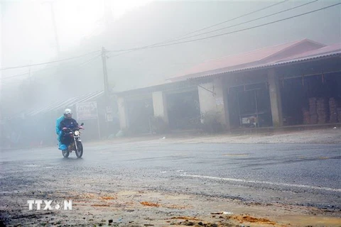 Sương mù dày đặc khiến người tham gia giao thông gặp nhiều khó khăn. (Ảnh: Phan Tuấn Anh/TTXVN) 