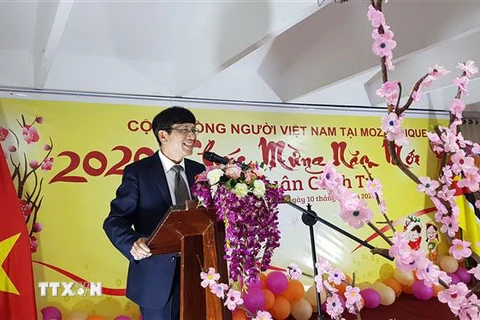 Đại sứ Lê Huy Hoàng phát biểu chúc Tết Canh Tý 2020 tới cộng đồng người Việt. (Ảnh: Đình Lượng/TTXVN) 