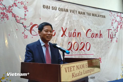 Đại sứ Lê Quý Quỳnh phát biểu tại tiệc mừng Xuân Canh Tý. (Ảnh: Hà Ngọc-Hoàng Nhương-Mạnh Tuân/Vietnam+) 
