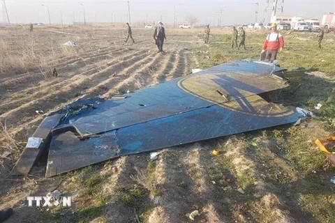 Nhân viên cứu hộ làm nhiệm vụ tại hiện trường vụ máy bay của hãng hàng không Ukraine International Airlines rơi ở Tehran, Iran ngày 8/1/2020. (Nguồn: IRNA/TTXVN) 