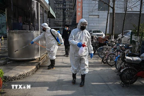 Phun thuốc khử trùng nhằm ngăn chặn sự lây lan của virus corona chủng mới gây bệnh viêm phổi nguy hiểm tại Vũ Hán, tỉnh Hồ Bắc, Trung Quốc, ngày 30/1/2020. (Nguồn: AFP/ TTXVN) 