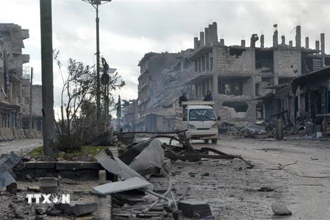 Cảnh đổ nát sau một cuộc tấn công ở tỉnh Idlib, Syria ngày 30/1/2020. (Nguồn: THX/TTXVN) 