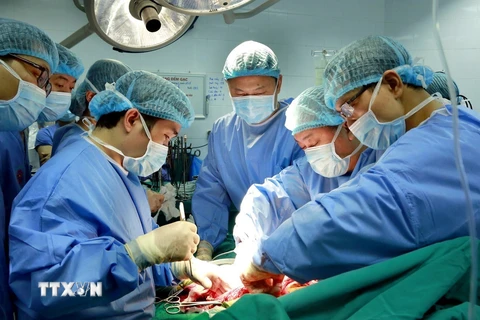 Kíp phẫu thuật của Bệnh viện Quân y 103 thực hiện thành công ca ghép phổi đầu tiên từ người sống. (Ảnh: Dương Ngọc/TTXVN)