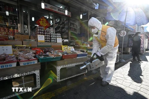 Phun thuốc khử trùng nhằm ngăn chặn sự lây lan của COVID-19 tại khu chợ ở Seoul, Hàn Quốc, ngày 5/2/2020. (Nguồn: AFP/TTXVN) 