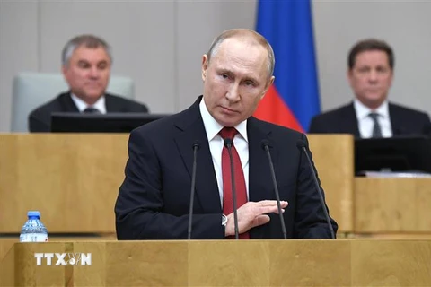Tổng thống Nga Vladimir Putin tại phiên họp Duma quốc gia Nga ở Moskva, ngày 10/3. (Nguồn: AFP/TTXVN) 