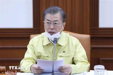 Tổng thống Hàn Quốc Moon Jae-in phát biểu tại cuộc họp nội các ở Seoul ngày 3/3/2020. (Nguồn: Yonhap/TTXVN) 